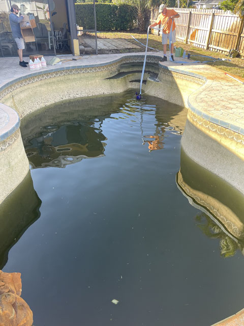 green pool rescue before pool cleaning process